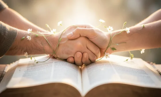 Two hands clasped over an open Bible, symbolizing marriage restoration and hope.