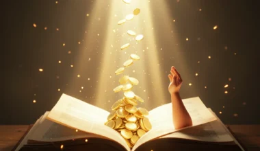 35 Powerful St. Expedite Prayers For Money: Celestial light from book illuminates coins and prayer.