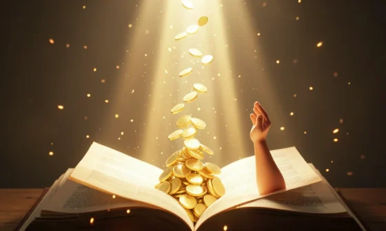 35 Powerful St. Expedite Prayers For Money: Celestial light from book illuminates coins and prayer.
