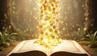 35 Powerful Prayers For Money Blessings: Golden coins and light showering an open prayer book.