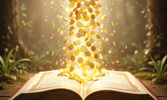 35 Powerful Prayers For Money Blessings: Golden coins and light showering an open prayer book.