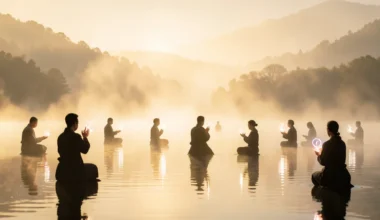 Serene landscape with figures in prayer, symbolizing inner peace and spiritual reflection.