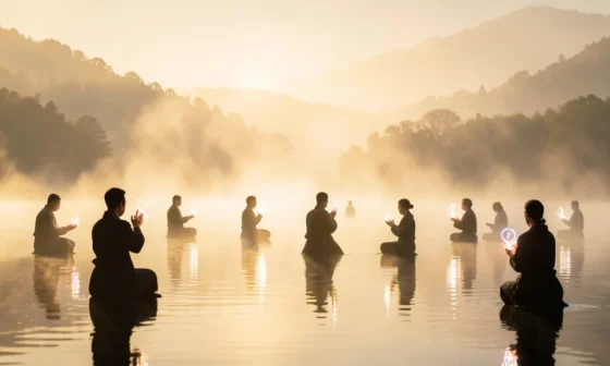 Serene landscape with figures in prayer, symbolizing inner peace and spiritual reflection.