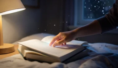 Child's hand touching books with stars visible, representing 35 Powerful Child Night's Prayers.