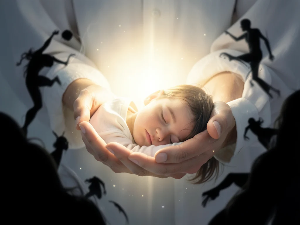 Parental hands shielding a child with light, symbolizing protection. 35 Powerful Prayers To Protect My Child From Evil.