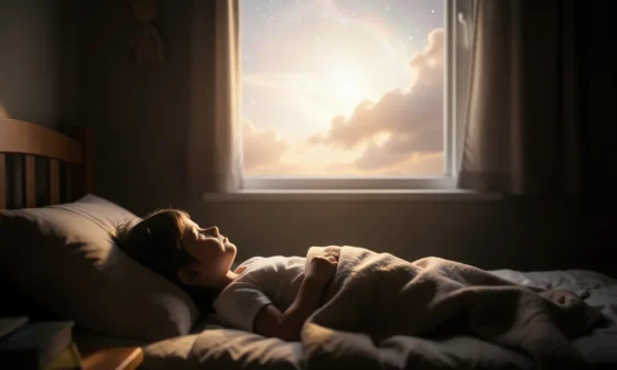 Child praying at bedtime, peaceful bedroom, celestial glow.