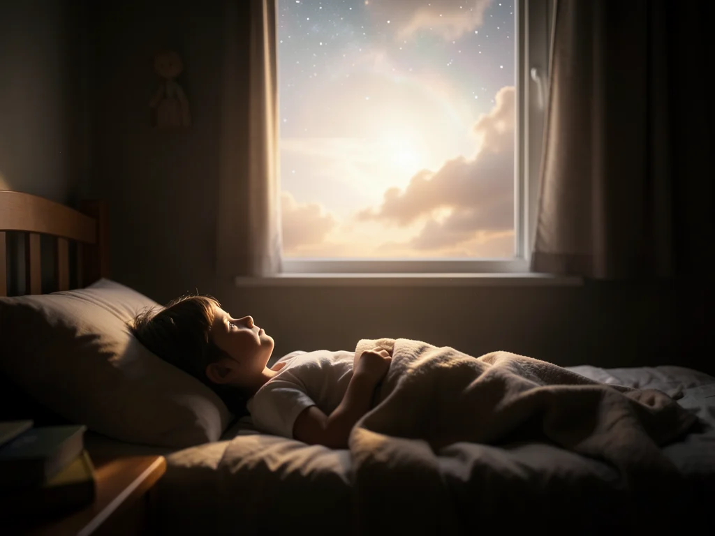 Child praying at bedtime, peaceful bedroom, celestial glow.