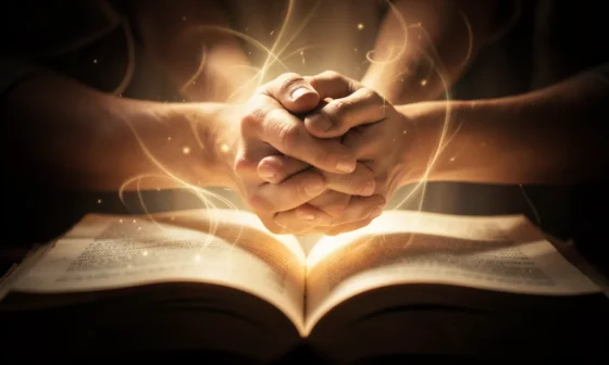 35 powerful prayers for my husband: clasped hands bathed in divine light from an open book.